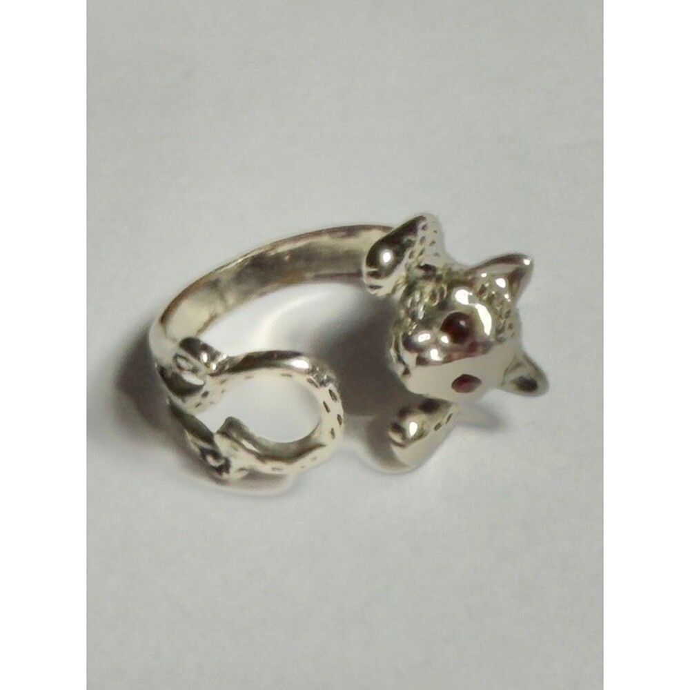 Silver Cat Wrap Ring Red Rhinestone Crystal Eyes Adjustable Animal Open Band